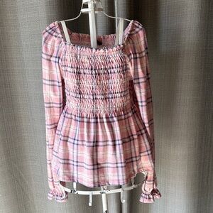 Girls' Pink Plaid Smocked Long-Sleeve Top